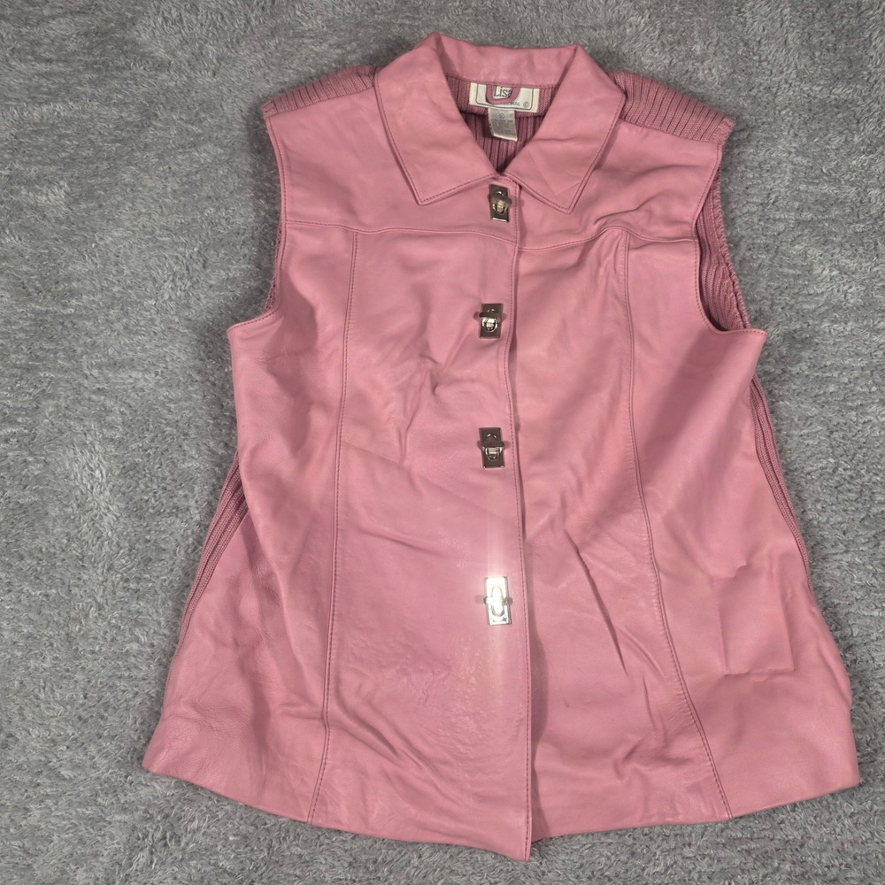 Lisa International‎ Leather Vest Womens XL Pink Lambskin Ribbed Knit Turnlock